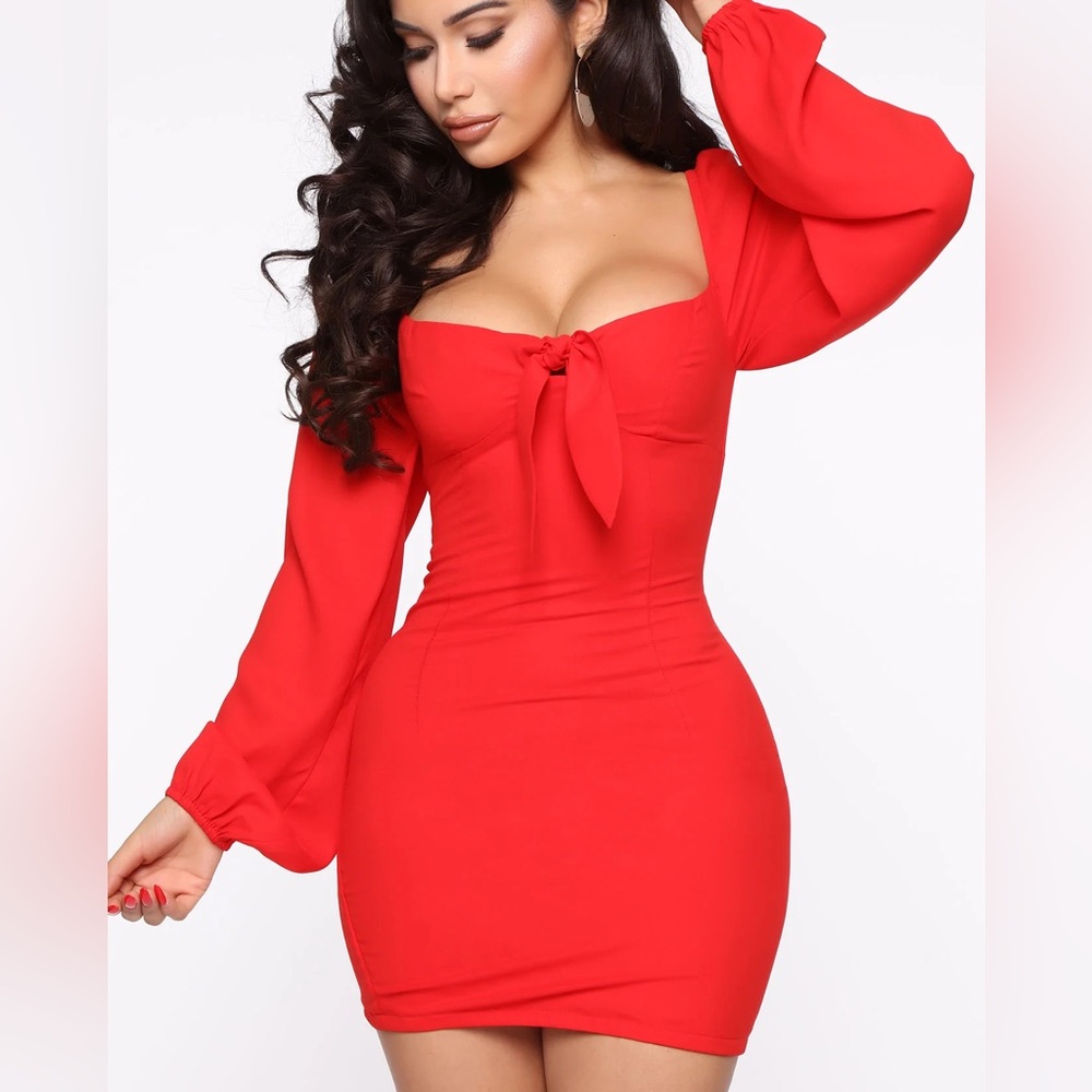 Fashion Nova Bold Red Long Sleeve Dress Never worn